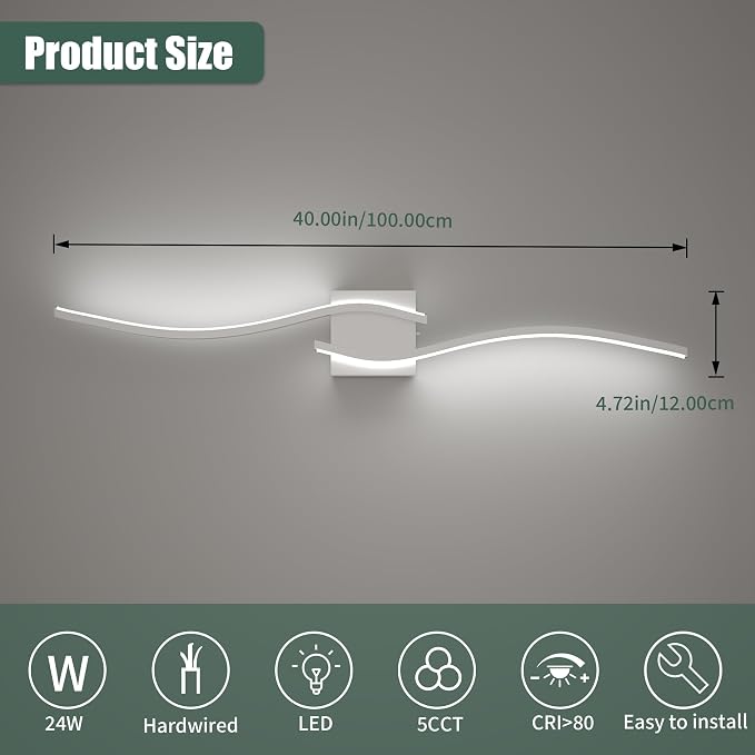 LED Bathroom Vanity Light Dimmable 5CCT 40in, Brushed Nickel | 2700K-6500K Selectable, CRI>80, Rust-Proof Metal & Acrylic, ETL Certified, For Bathroom Mirrors, Washrooms, Vanity Areas