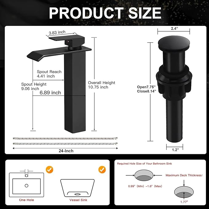 Black Bathroom Vessel Sink Faucet, Waterfall Bathroom Faucet, Vessel Faucet, Tall Body High 1 Hole Single Handle with Pop Up Drain Without Overflow Combo