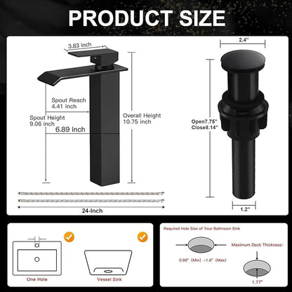 Black Bathroom Vessel Sink Faucet, Waterfall Bathroom Faucet, Vessel Faucet, Tall Body High 1 Hole Single Handle with Pop Up Drain Without Overflow Combo