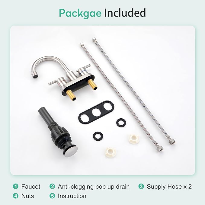 Faustina Brushed Bathroom Faucet, 4 Inch Centerset Faucets for Sink 2 Holes 3 Holes，Two Handles 304 Stainless Steel Bathroom Sink Faucet with Pup up Drain and 2 cUPC Water Supply Lines for RV Vanity