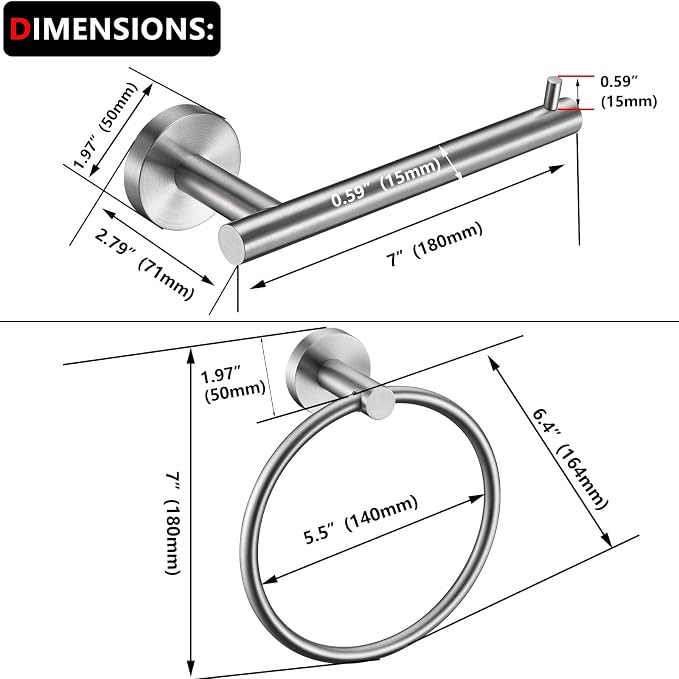Brushed Nickel Toilet Paper Holder, Towel Ring Set 2 Pieces Hand Towel Holder for Bathroom Hardware Accessories Set SUS304 Stainless Steel Sturdy Wall Mount Bathroom Holder