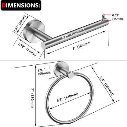 Brushed Nickel Toilet Paper Holder, Towel Ring Set 2 Pieces Hand Towel Holder for Bathroom Hardware Accessories Set SUS304 Stainless Steel Sturdy Wall Mount Bathroom Holder