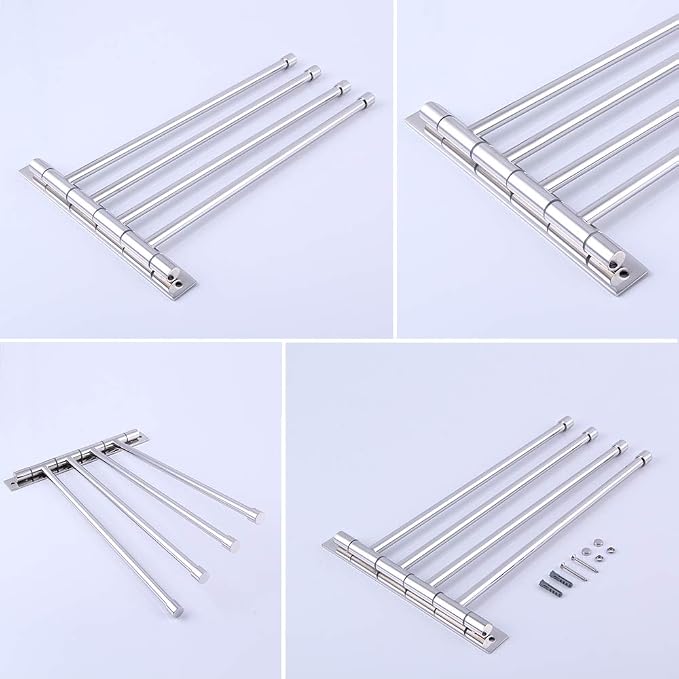GERZWY Wall Mount Bath Towel Rack with 4 Arms Hanger Towel Holder Bathroom Swing Arm Towel Bars Organizer Polished Stainless Steel HYG04-JG