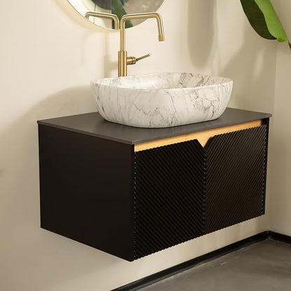 36 Inch Bathroom Vanity with Sink, Floating Fluted Vanity with Vessel Sink, Modern Bathroom Vanity Cabinet with 2 Doors with Metal Trim, Oval Marble Sink & Sintered Stone Top, Black