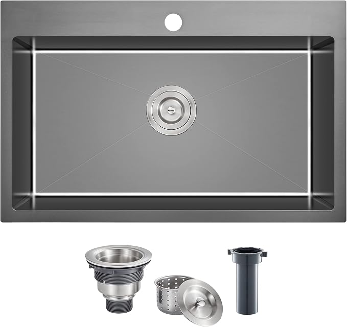 28x18 Inch Drop in Kitchen Sink Single Hole 304 Stainless Steel | Topmount Single Bowl Sink with Black Finish, Large Basin for Family Kitchen, Bar and Prep Area