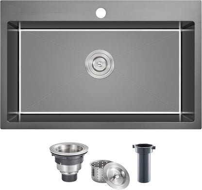 28x18 Inch Drop in Kitchen Sink Single Hole 304 Stainless Steel | Topmount Single Bowl Sink with Black Finish, Large Basin for Family Kitchen, Bar and Prep Area
