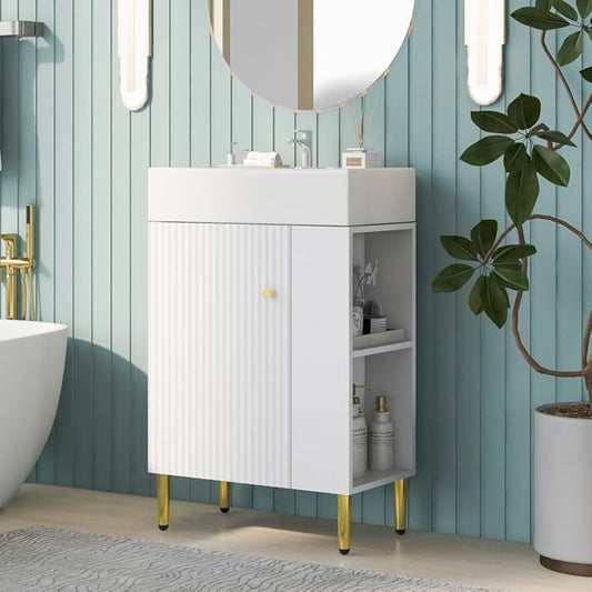 22" Small Bathroom Vanity with Sink, Morden Bathroom Vanities with Soft-Close Door and Open Shelf, Freestanding Narrow Vanity for Compact Space-Saving Bathrooms (White,22" Freestanding Right Shelf)