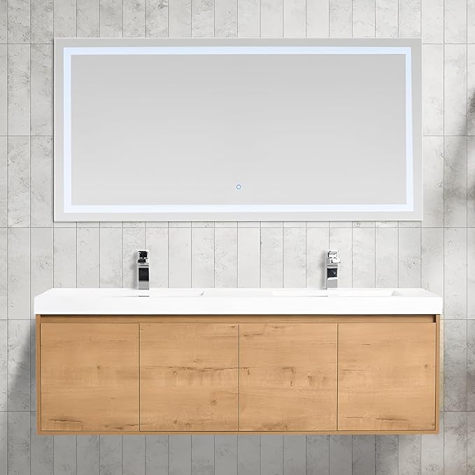 Blossom 60 Inch Wall Mounted Bathroom Vanity with Sink | Floating Wood Vanity Cabinet | Modern Soft-Close Doors & Storage | Space-Saving Design (Classic Oak, 60'' Acrylic Double Sink)