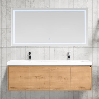 Blossom 60 Inch Wall Mounted Bathroom Vanity with Sink | Floating Wood Vanity Cabinet | Modern Soft-Close Doors & Storage | Space-Saving Design (Classic Oak, 60'' Acrylic Double Sink)