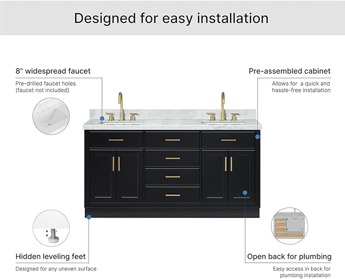 ARIEL Hepburn 66-inch Bathroom Vanity with Sink,Solid Wood, 1.5-inch Italian Carrara Marble Countertop, Double Rectangular Porcelain Sink, 4 Soft Closing Doors, 6 Dovetail Drawers, Black