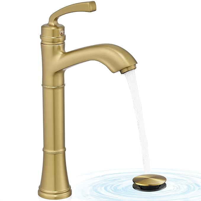 Brass Gold Vessel Sink Faucet, Tall Single Hole Bathroom Faucet for Vessel Sink Single Handle with Pop-Up Drain & Pre-Installed Hoses