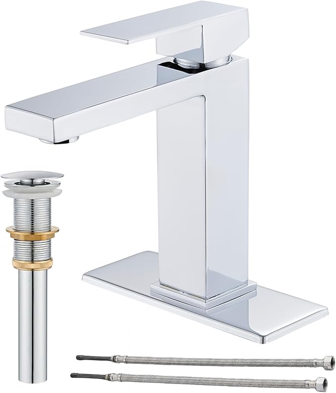 Chrome Bathroom Faucet, Single Hole Vanity Bath Faucet, Single Handle Modern Stainless Steel Bathroom Faucets for Sink 1 Hole with Pop Up Drain Stopper & Water Supply Hoses