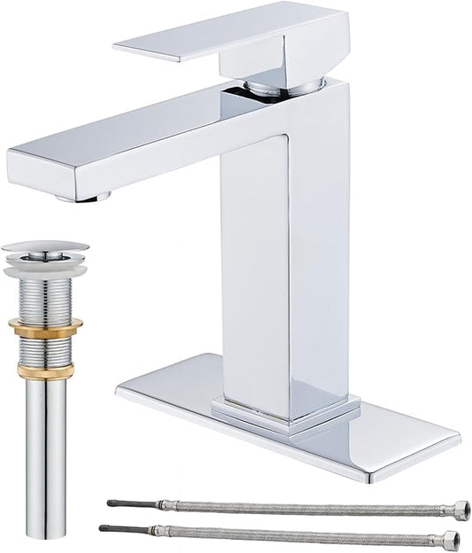 Chrome Bathroom Faucet, Single Hole Vanity Bath Faucet, Single Handle Modern Stainless Steel Bathroom Faucets for Sink 1 Hole with Pop Up Drain Stopper & Water Supply Hoses