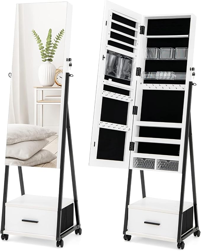 COSTWAY Jewellery Cabinet with Mirror, Jewellery Mirror Cabinet with Drawer, on Wheels, Lockable, Freestanding, 42 x 38 x 157 cm (White)