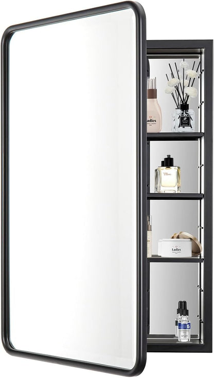 Black Bathroom Medicine Cabinet with Mirror 21 x 34 Metal Frame Recessed Or Wall Mounted Single Door Storage Medicine Cabinets with Adjustable Shelves Rounded Corner Beveled Mirrors