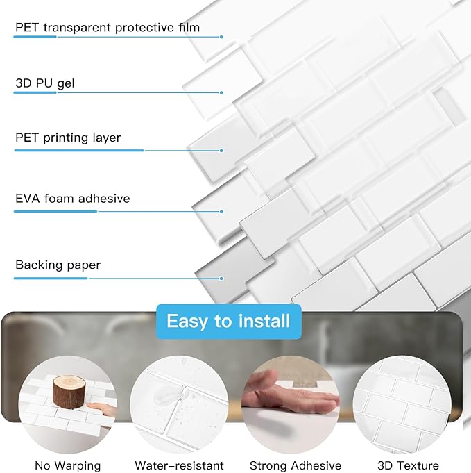 Art3d 10-Pack Subway Peel and Stick Backsplash, White with Silver Grout | 12 x 12 Inch, Thickened Design, No Warping, Durable, Self-Adhesive, for Kitchen, Bedroom Decor, Ideal for New Home Buyers