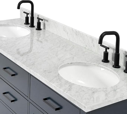 ARIEL Hepburn 66-inch Bathroom Vanity with Sink,Solid Wood, 0.75-inch Italian Carrara Marble Countertop, Double Oval Porcelain Sink, 4 Soft Closing Doors, 6 Dovetail Drawers, Midnight Blue