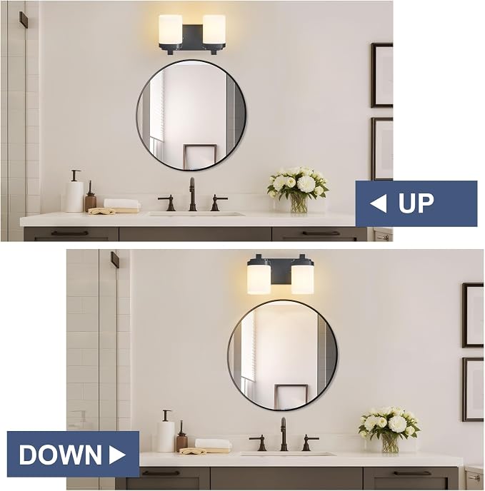 Vanity Lights, Small Bathroom Lamp Lighting Fixtures Over Mirror | 2-light black vanity lights for bathroom with milky white square glass shade, 10" modern farmhouse bathroom light fixtures