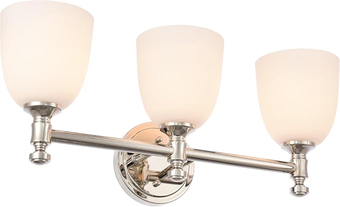 Bathroom Vanity Light, 3-Light Bathroom Light Fixtures Over Mirror, Traditional Vanity Lights for Living Room, Milk White Bell Glass Shades, Standard E26 Base, Polished Nickel