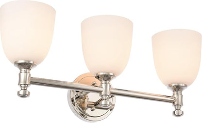 Bathroom Vanity Light, 3-Light Bathroom Light Fixtures Over Mirror, Traditional Vanity Lights for Living Room, Milk White Bell Glass Shades, Standard E26 Base, Polished Nickel