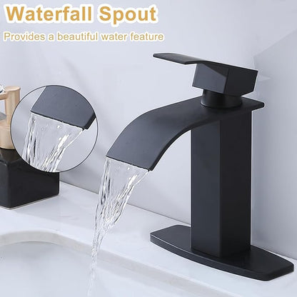 Matte Black Waterfall Bathroom Faucet, Single Handle Bathroom Sink Faucet for 1 or 3 Hole, Modern Vanity Faucet with Deck, Pop-up Drain and Supply Hoses