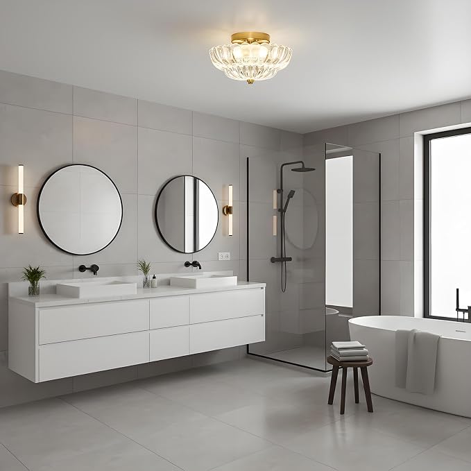 Clear Glass Semi Flush Mount Ceiling Light Fixture,11.8 in,3-Lights | Flower Shape,Round Gold Base,Use E26 Bulb,Support Dimmable,for Hallway,Bedroom,Bathroom,Foyer,Closet,Entryway,Laundry Room
