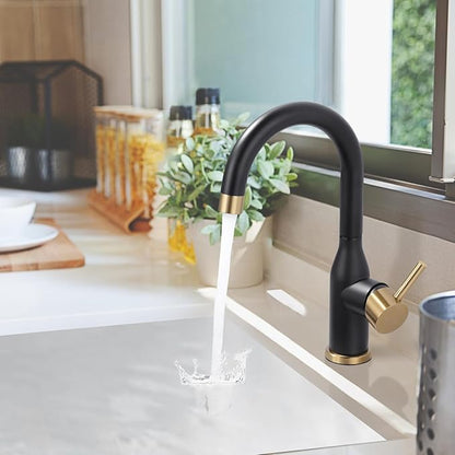 WOWOW Black and Gold Modern Single Handle Bar Faucet, 1 Hole, 360 Swivel, RV Sink Faucet, Mini Bar Tap with Water Supply Hoses