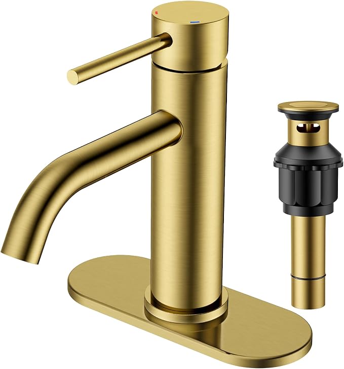 FORIOUS Gold Bathroom Faucets 1 Hole, Stainless Steel Bathroom Sink Faucet with Metal Pop up Drain and Supply Hose, Suitable for Vanity Lavatory Restroom Remodel