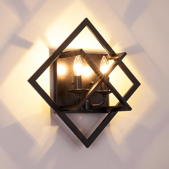 Farmhouse Wall Sconce, Black Rustic, E12 Base | Rustic Indoor Wall Light, 17.8 Inch, 2-Light, Hardwired, for Stairway, Living Room, Bedroom, Bathroom