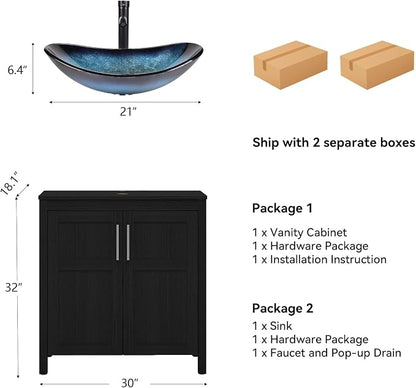 YOURLITE 30" Bathroom Vanity with Sink, Black Bathroom Vanity and Sink Combo with Faucet & Pop Up Drain Set,Traditional Vanity with Blue Glass Bowl Bathroom Sink