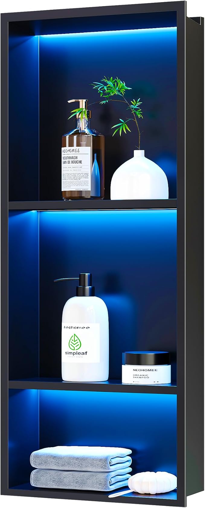 3-Tiers 12x30Inch Wall Niche with RGB LED Lights, Matte Black Recessed Shower Niche Cabinet, Stainless Steel Bathroom Shelf, NO Tile Needed Storage Organizer for Shower wall