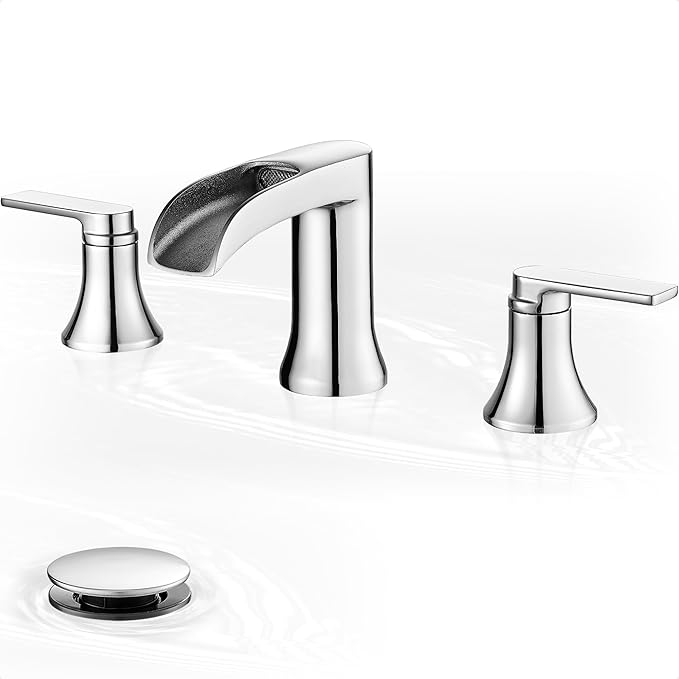 Chrome Bathroom Faucet, 2 Handles Brass Widespread Waterfall Faucet for Bathroom Sink, 4-10 Inch Sink Faucet Bathroom 3 Hole, Farmhouse RV Restroom Vanity Faucet with Pop Up Drain & Water Hoses