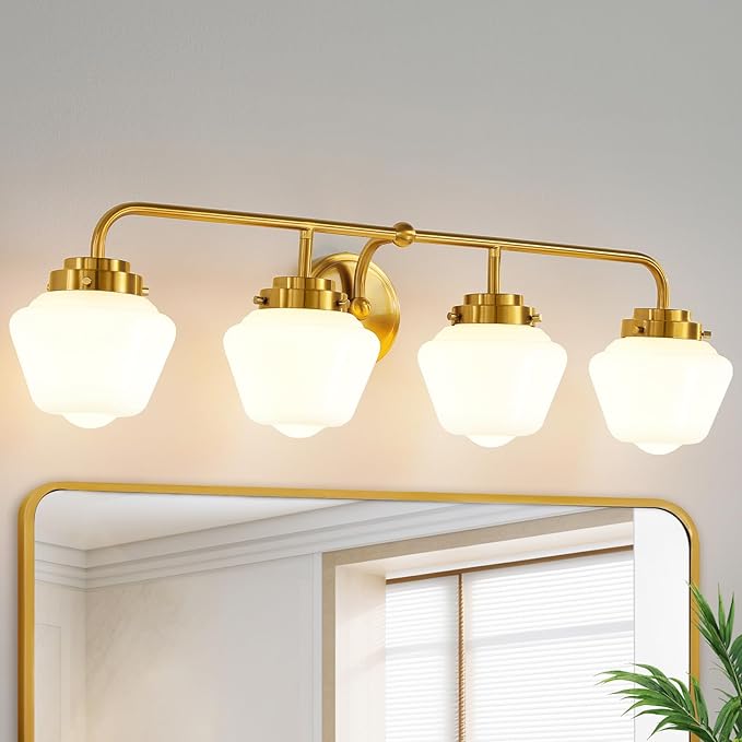 Bathroom Vanity Light Fixtures: 4 Lights Brushed Gold Vanity Lights for Bathroom, E26 60w Hardwired Wall Sconce Lighting with Frosted Milky Glass Over Mirror (Exclude Bulb)