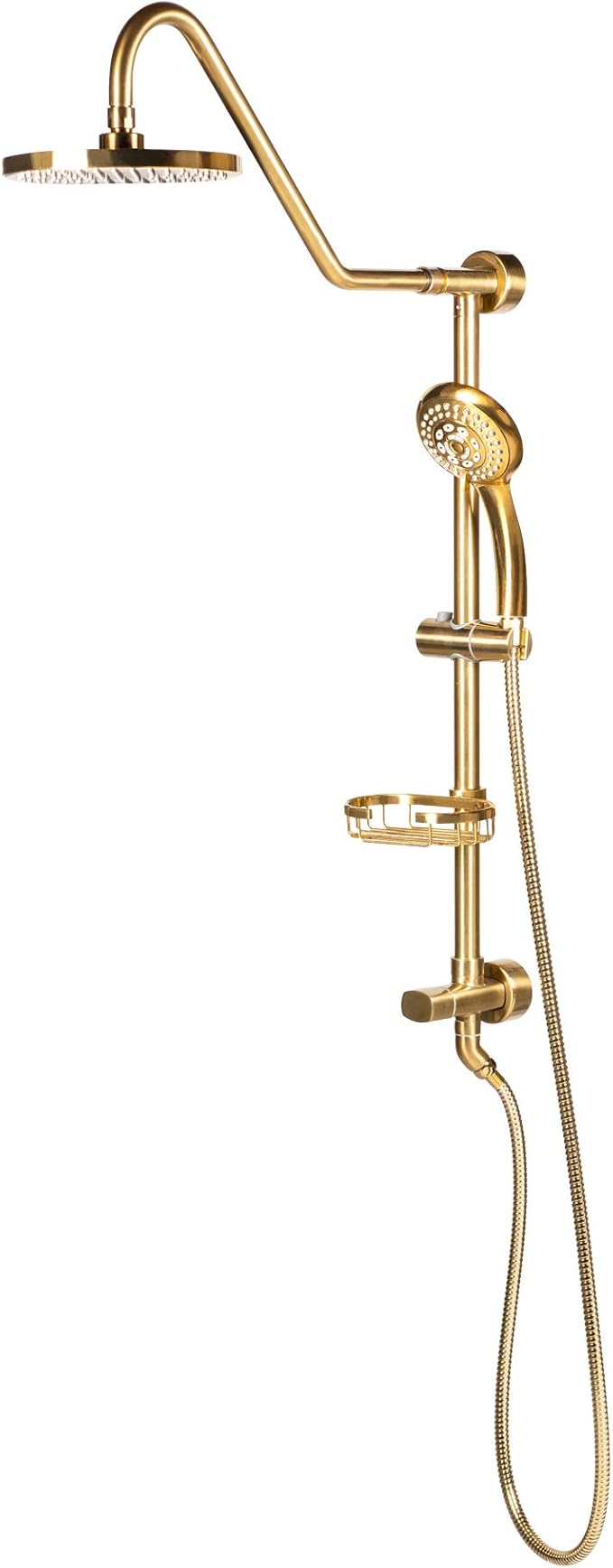 PULSE ShowerSpas Kauai III Brushed Gold Rain Shower Head with Handheld Spray - 2.5 GPM, 8" Showerhead, 5-Function HandShower, Adjustable Slide Bar - Shower Heads with Handheld Spray Combo