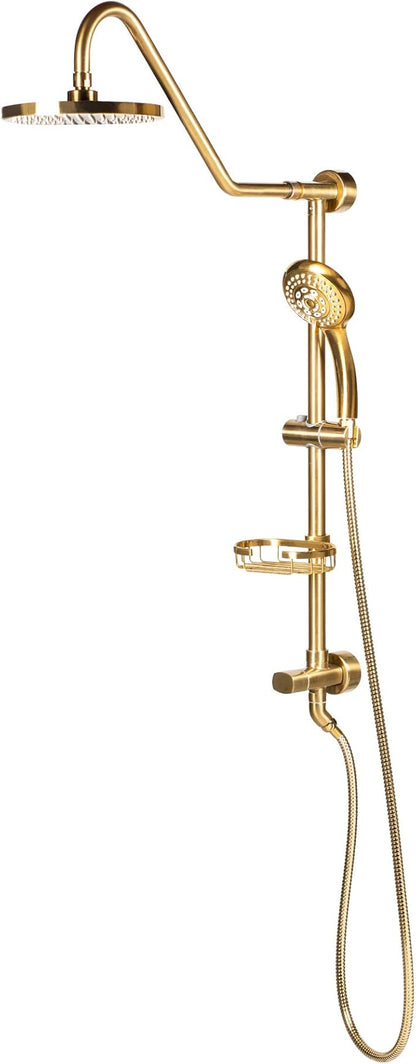 PULSE ShowerSpas Kauai III Brushed Gold Rain Shower Head with Handheld Spray - 2.5 GPM, 8" Showerhead, 5-Function HandShower, Adjustable Slide Bar - Shower Heads with Handheld Spray Combo
