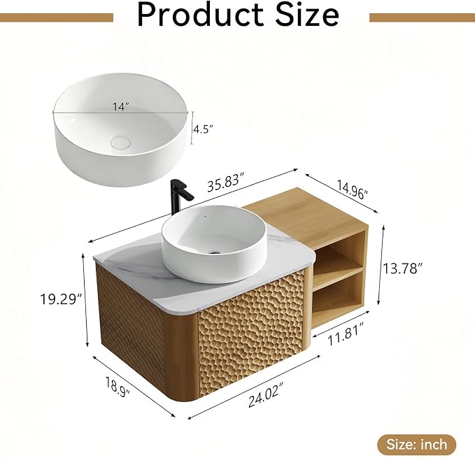 36 Inch Modern Bathroom Vanity with Ceramic Sink, Floating Bathroom Sink Cabinet with Sintered Stone Top&Solid Wood Hammered Frame, Single Bathroom Vanities w/Soft-Close Drawer&Side Open Cube
