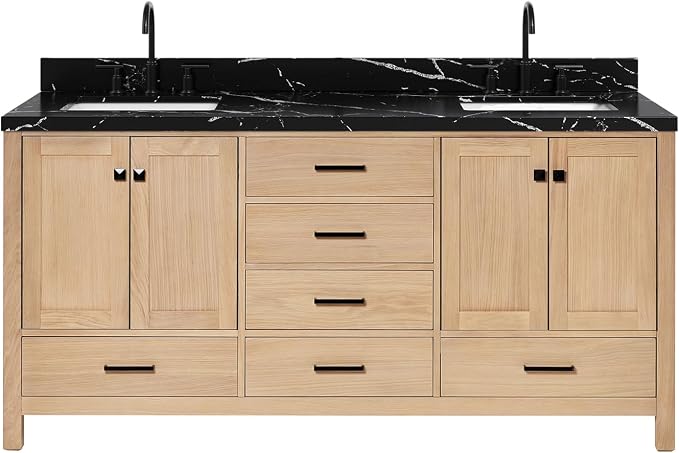 ARIEL Cambridge 72 Inch Double Rectangle Sink Bathroom Vanity with Nero Marquina Black Quartz Countertop 1.5 Inch in Natural Oak