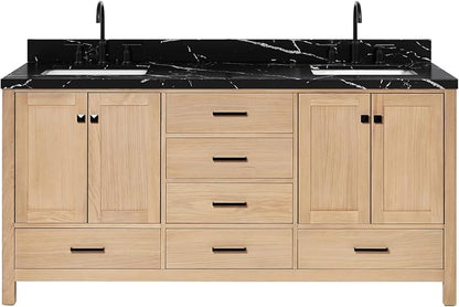 ARIEL Cambridge 72 Inch Double Rectangle Sink Bathroom Vanity with Nero Marquina Black Quartz Countertop 1.5 Inch in Natural Oak