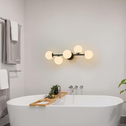 Modern Bathroom Vanity Light Fixtures,LED Matte Black Wall Sconce Lighting | 5 Lights Milk Glass Globe Vanity Light, Makeup Bathroom Vanity Lights,Dimmable Brass Mid Century Wall Sconces over Mirror