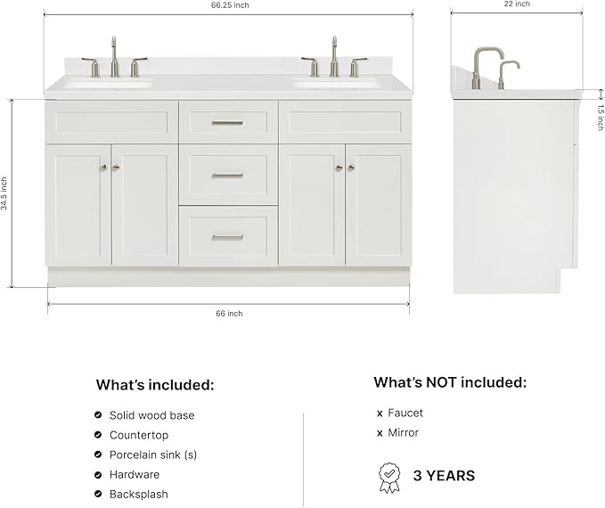 DKB Bradford 66-Inch White Double Bathroom Vanity, 1.5-Inch Edge Carrara Quartz Countertop & Splash, Rectangular Undermount Sinks, 2 Soft Closing Doors, 3 Dovetail Drawers, Toe Kick, Brushed Nickel