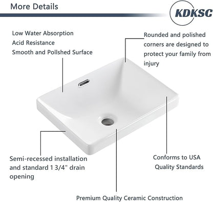 Bathroom Vessel Sink 16.7" X 12.6" Semi Recessed Bathroom Sink Rectangular Drop In Bathroom Sinks with Overflow White Ceramic Vessel Sinks for Bathroom Modern Above Counter Basin Vanity Sink