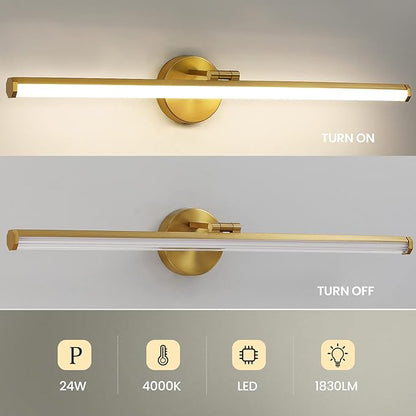 KAISITE Bathroom Lighting Fixture Over Mirror - 30 Inch Gold Vanity Light 24W 4000K Dimmable Modern LED Vanity Light Fixture Rotatable Bath Vanity Light Bar for Bathroom