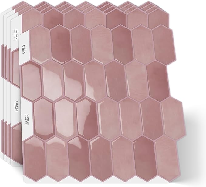 10-Sheet Long Hexagon Peel and Stick Kitchen Backsplash Tiles | 3D Waterproof Self-Adhesive Wall Tile Stick on Backsplash for Kitchen, Bathroom, Fireplace,RV(Pink,12"×12")