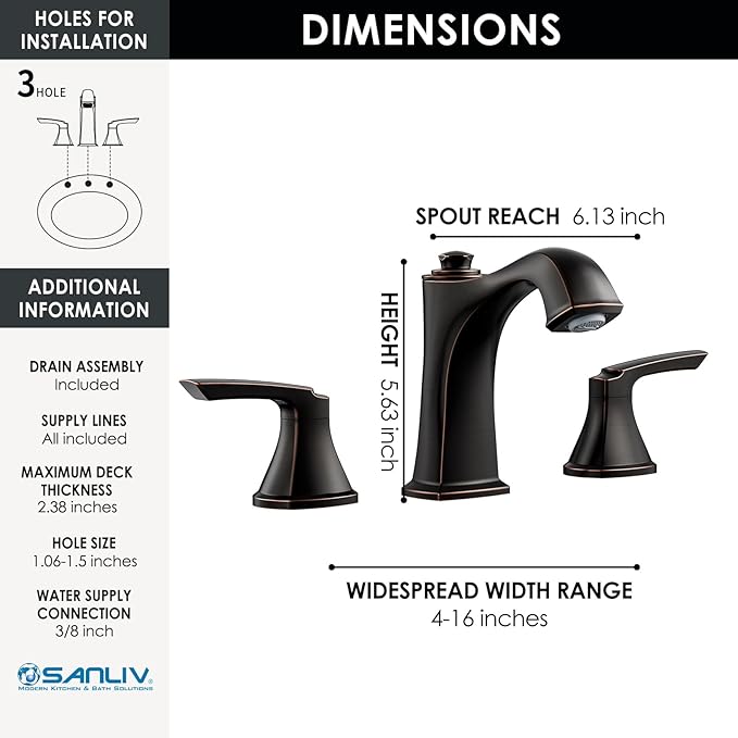 Oil Rubbed Bronze Bathroom Faucet 3-Hole, Sanliv Widespread Bathroom Sink Faucet with Pop-Up Drain, 2-Handle Bronze Vanity Faucet for 4-16 Inch Wide Spread Sinks, ORB