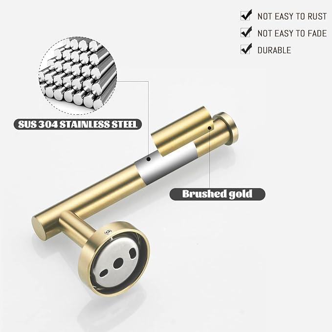 Gold Bathroom Hardware Set, Brushed Gold Toilet Paper Holder Towel Ring and 2 Robe Hook Bathroom Accessories Hand Towel Holder Kit Wall Mount Stainless Steel, 4 Pieces