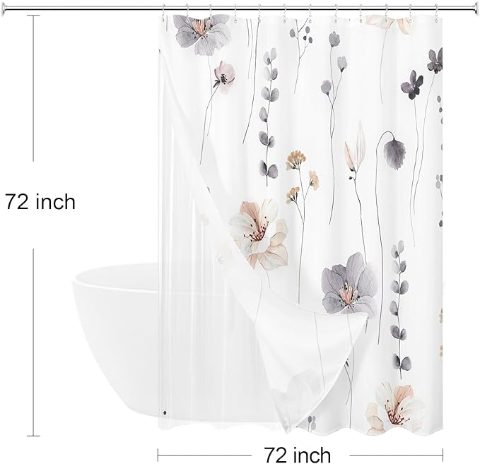 3 in 1 Charcoal Grey Watercolor Floral Shower Curtain Liner Set, 72x72