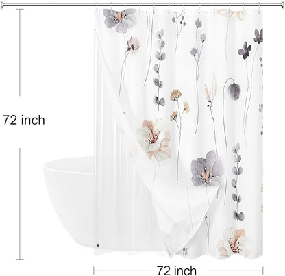 3 in 1 Charcoal Grey Watercolor Floral Shower Curtain Liner Set, 72x72