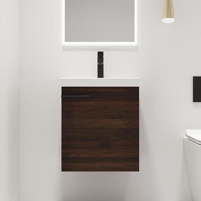 Malwee 18" Floating Bathroom Vanity with Sink, 18 Inch Wall Mounted Bath Cabinet Single Sink Combo for Small Space, with 1 Soft Close Door and White Ceramic Basin Top, Space-Saving Design (017-CAW)
