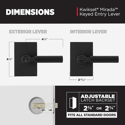 Kwikset Mirada Reeded Entry Door Handle with Lock and Key, Secure Keyed Reversible Lever Exterior, Door Lock for Front Door, Matte Black, Pick Resistant SmartKey Security and Microban