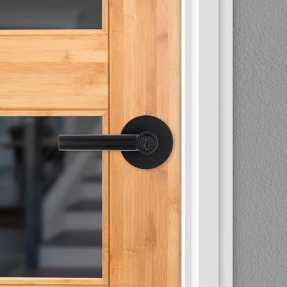 Kwikset Milan Entry Door Handle with Lock and Key, Secure Keyed Reversible Lever Exterior, Doorlock, For Front Entrance and Bedrooms, Matte Black, Pick Resistant Smartkey Rekey Security